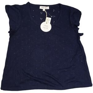 Pink Rose Top Eyelet Short Flutter Sleeve Blouse Women's L Navy Blue NEW Shirt‎
